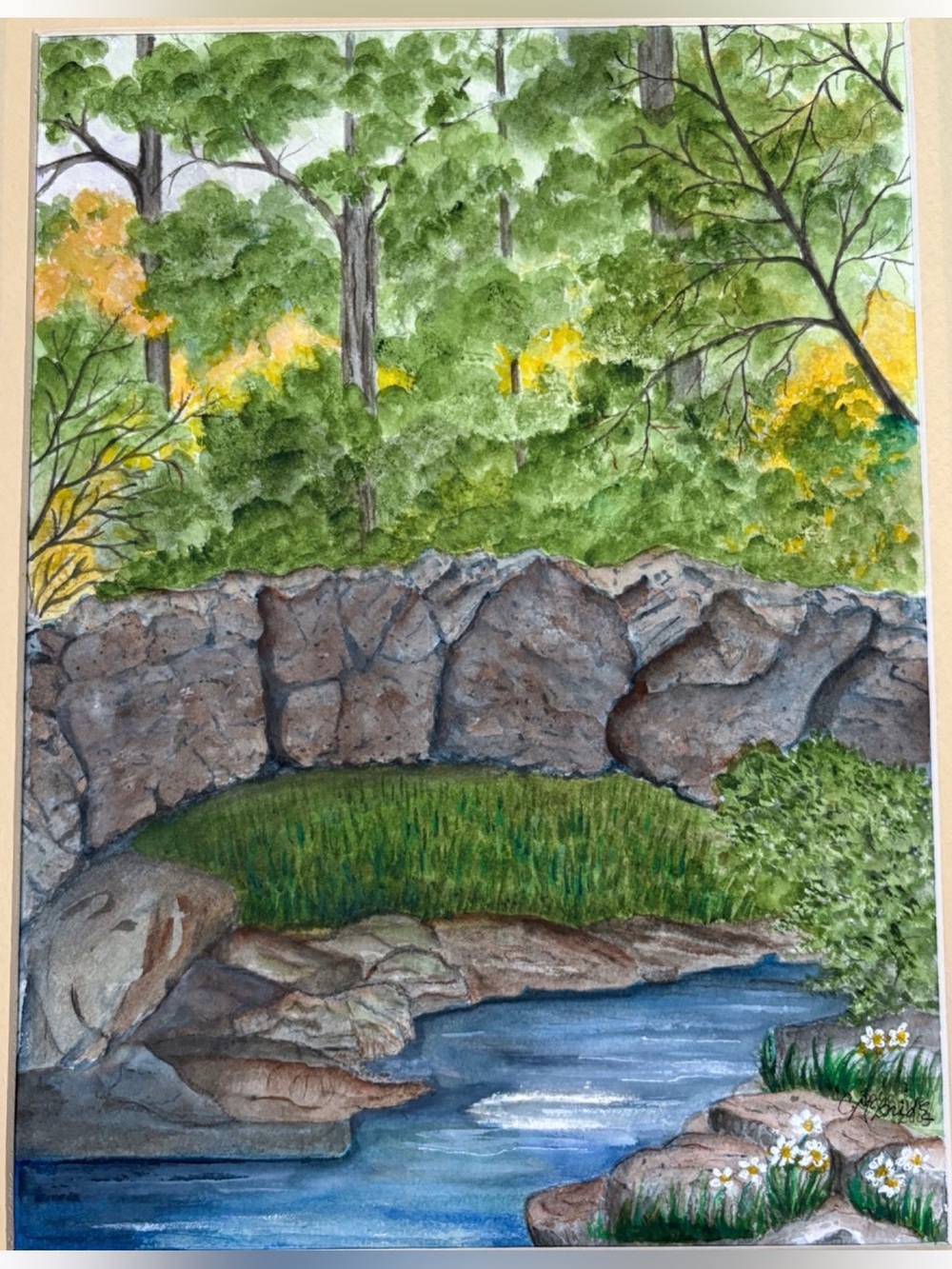 Vintage Sun Shining Through Trees Stream Painting Landscape Catherine McBride